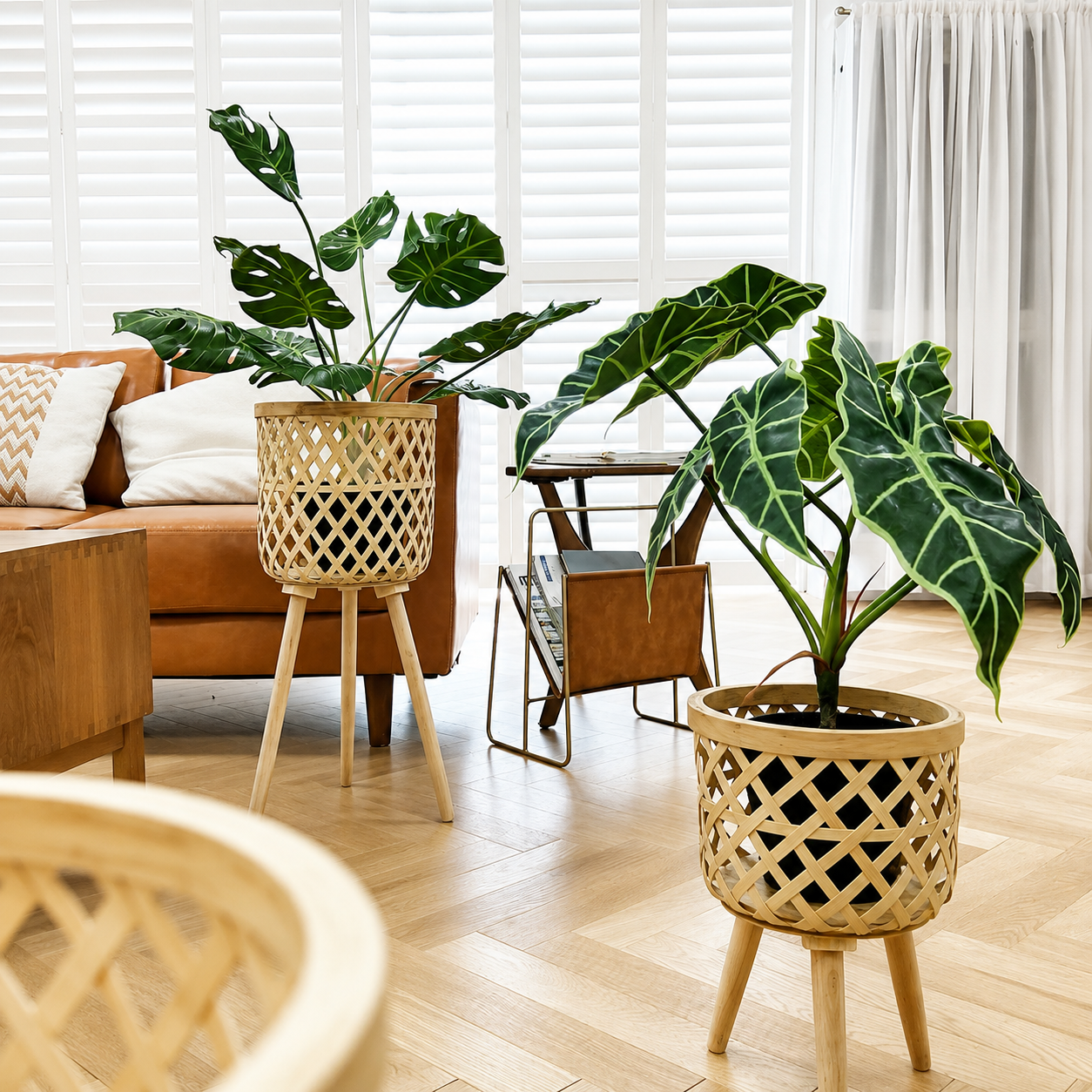 Faux Alocasia Plant with Woven Basket