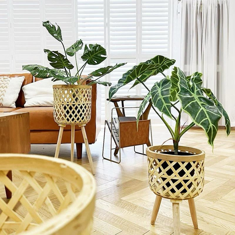 Faux Alocasia Plant with Woven Basket