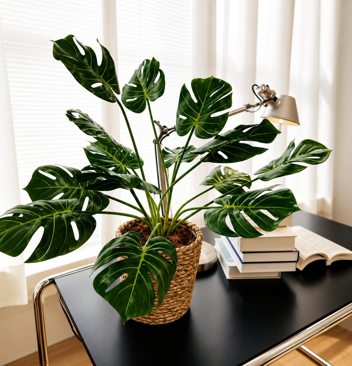 Faux Monstera with Woven Basket